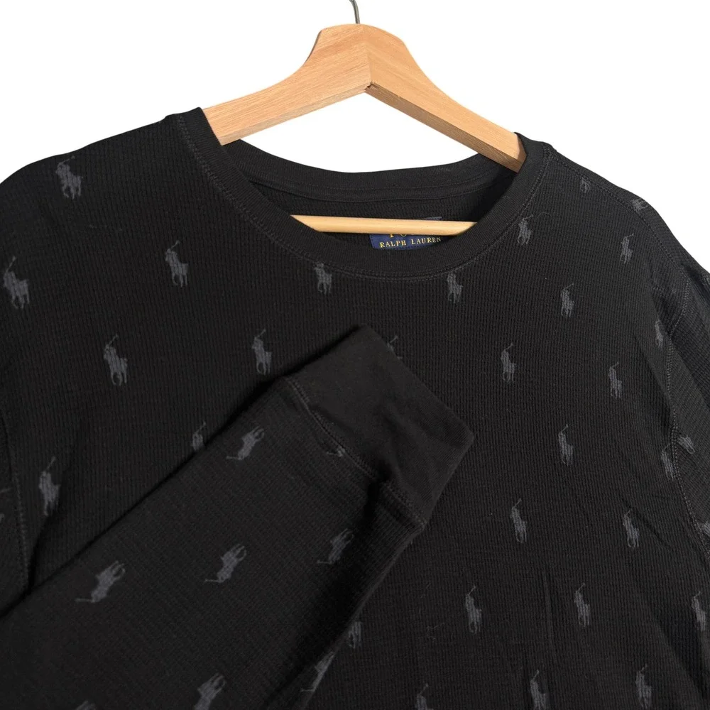 Polo Ralph Lauren All‎ over Pony print M Black Waffle Knit Thermal Sleep Shirt